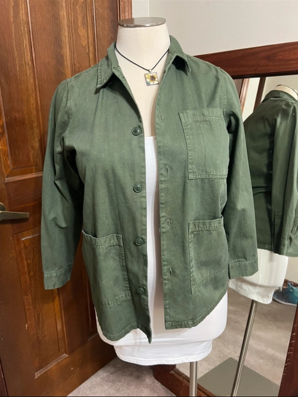 Olive Green Button-Front Utility Jacket Cotton Grunge Military Cargo size S